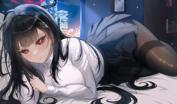 Anime picture 5116x3000 with blue archive rio (blue archive) sensei (blue archive) doodle sensei (blue archive) jasmin single long hair looking at viewer fringe highres breasts light erotic black hair red eyes wide image large breasts absurdres indoors lying blunt bangs