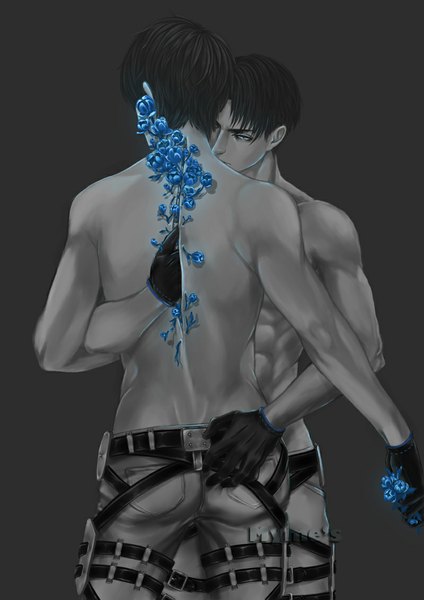 Anime picture 800x1131 with shingeki no kyojin production i.g eren yaeger levi (rivaille) myme1 tall image short hair blue eyes black hair simple background grey background multiple boys hug back topless shounen ai no face shirtless boy gloves