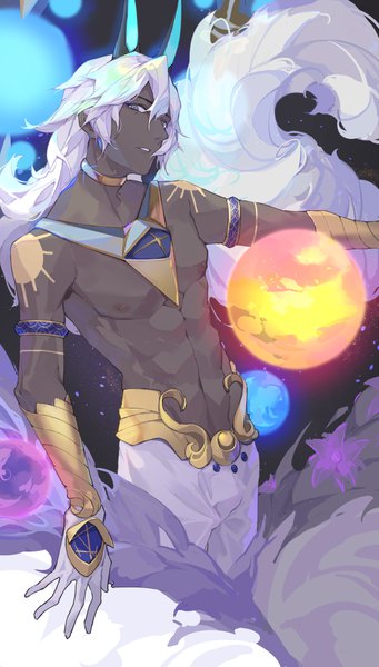 Anime picture 4961x8714 with fate (series) fate/grand order arjuna (fate) arjuna alter (fate) kotatsu kaya single tall image looking at viewer fringe highres hair between eyes absurdres white hair very long hair grey eyes outstretched arm dark skin muscle abs boy
