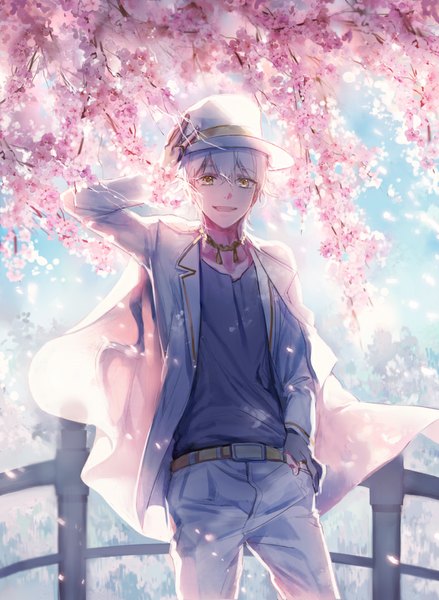 Anime picture 704x962 with touken ranbu nitroplus tsurumaru kuninaga leclle single tall image looking at viewer fringe short hair open mouth smile standing yellow eyes white hair sunlight cherry blossoms hand on head boy flower (flowers) plant (plants)