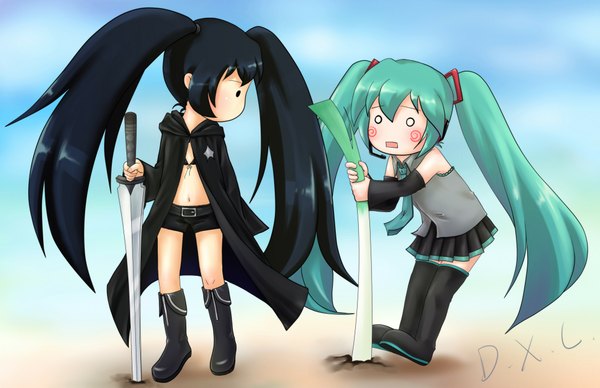Anime picture 2029x1314 with black rock shooter vocaloid hatsune miku black rock shooter (character) highres black hair twintails chibi parody o o girl thighhighs sword bikini top