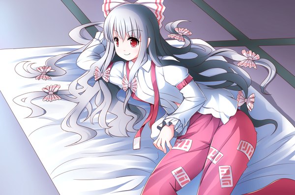 Anime picture 2300x1518 with touhou fujiwara no mokou risutaru single long hair fringe highres breasts smile hair between eyes red eyes large breasts looking away indoors lying grey hair on side girl bow hair bow