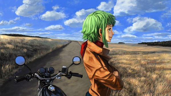 Anime picture 1920x1080 with vocaloid gumi gyafun (artist) single highres short hair wide image green eyes cloud (clouds) green hair alternate costume crossed arms field girl motorcycle path