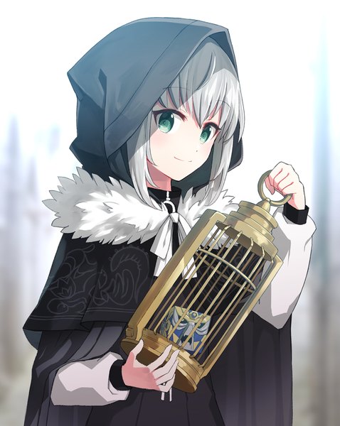 Anime picture 955x1200 with fate (series) fate/grand order lord el-melloi ii case files gray (fate) add (lord el-melloi ii) coconat summer single tall image looking at viewer blush fringe short hair smile hair between eyes holding green eyes payot silver hair upper body long sleeves