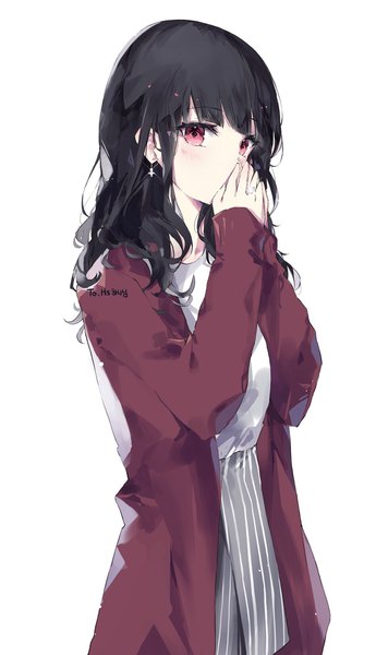 Anime picture 1300x2190 with original tr (hareru) single long hair tall image looking at viewer blush fringe black hair simple background hair between eyes red eyes standing white background signed long sleeves open clothes sparkle sleeves past wrists wavy hair