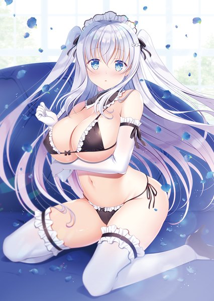 Anime picture 800x1126 with flower knight girl kinutasou (flower knight girl) naruse mamoru single long hair tall image looking at viewer blush fringe breasts blue eyes light erotic hair between eyes large breasts sitting bare shoulders payot silver hair full body bent knee (knees)