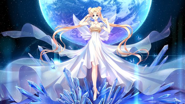Anime picture 1920x1080 with bishoujo senshi sailor moon toei animation tsukino usagi princess serenity ji ran single looking at viewer highres breasts blue eyes blonde hair smile wide image twintails bare shoulders cleavage full body very long hair arm up hair bun (hair buns)