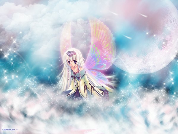 Anime picture 1024x768 with original nishiwaki yuuri single long hair sitting purple eyes payot cloud (clouds) white hair inscription sparkle fantasy insect wings butterfly wings fairy multicolored girl wings moon