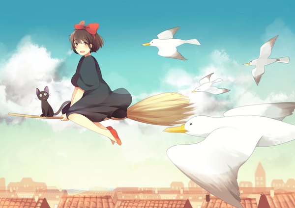 Anime picture 1273x900 with kiki's delivery service studio ghibli kiki jiji jauni single looking at viewer blush fringe short hair open mouth sitting brown eyes sky cloud (clouds) lying happy girl dress bow