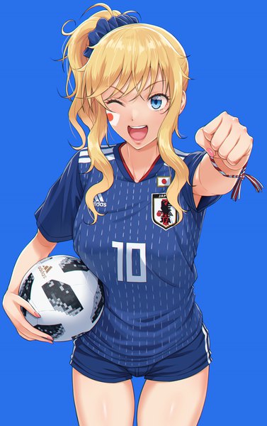 Anime picture 880x1400 with idolmaster idolmaster cinderella girls adidas world cup 2018 fifa world cup ootsuki yui nigou single long hair tall image blush fringe breasts open mouth simple background blonde hair smile hair between eyes standing holding