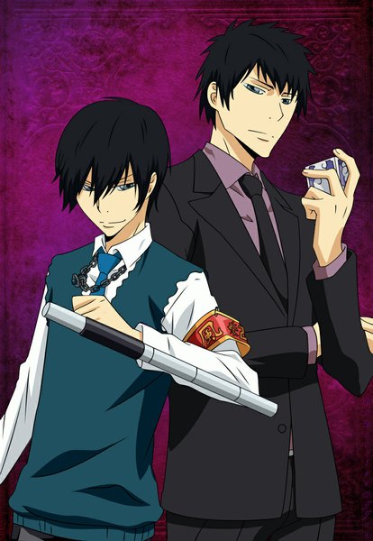 Anime picture 771x1117 with katekyou hitman reborn hibari kyouya tall image short hair black hair dual persona alternate age younger vongola family boy uniform weapon school uniform necktie chain ring armband box