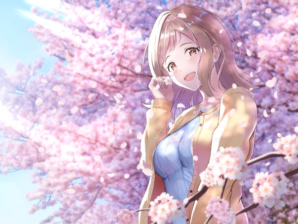 Anime picture 1200x902 with idolmaster idolmaster shiny colors sakuragi mano irohakaede single long hair looking at viewer blush fringe breasts open mouth smile brown hair holding brown eyes sky upper body outdoors :d wind