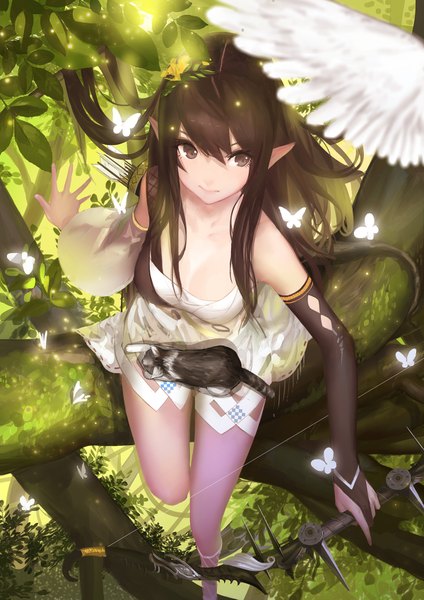 Anime picture 1200x1697 with original kinven single long hair tall image fringe smile hair between eyes brown hair sitting bare shoulders looking away bent knee (knees) from above pointy ears sunlight wide sleeves white wings tree sitting girl