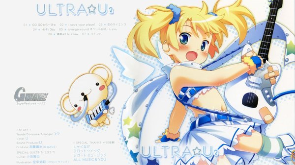 Anime picture 1920x1080 with kuuchuu yousai highres blue eyes blonde hair wide image twintails scarf musical instrument child (children) guitar