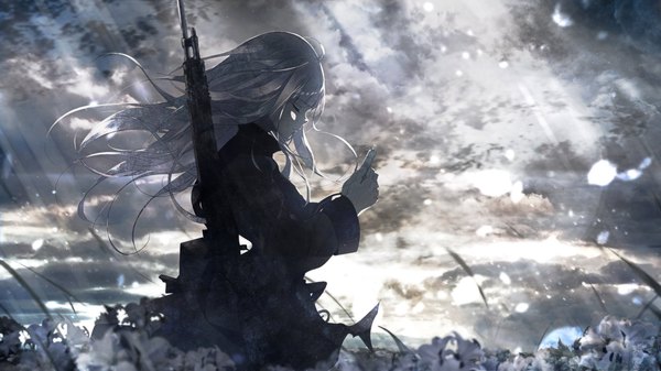 Anime-Bild 2048x1152 mit vocaloid aria on the planetes (vocaloid) ia (vocaloid) c.c.r single long hair fringe highres wide image sky silver hair cloud (clouds) eyes closed profile sunlight jpeg artifacts girl weapon gun assault rifle