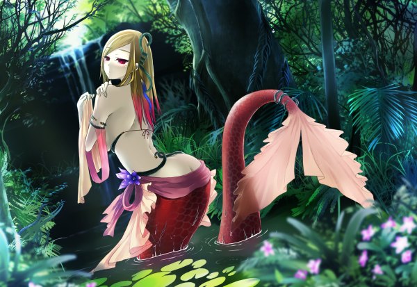 Anime picture 1200x826 with original otogi (s in w) single long hair light erotic blonde hair purple eyes bare shoulders multicolored hair back girl flower (flowers) water mermaid