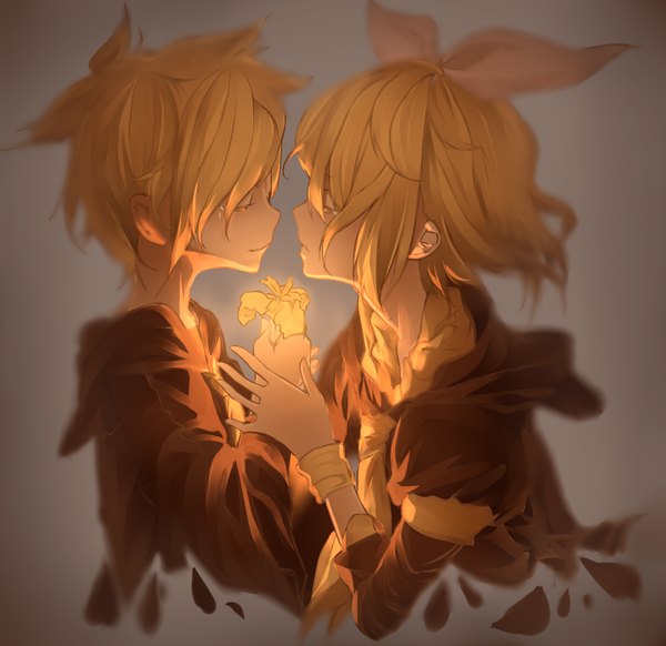 Anime picture 1223x1188 with vocaloid kagamine rin kagamine len toru (miki bokaro) short hair simple background blonde hair yellow eyes profile light smile couple tears glowing twins brother and sister girl boy flower (flowers) bow ribbon (ribbons)