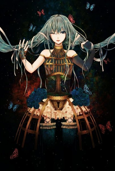 Anime picture 700x1036 with vocaloid hatsune miku yuikawa hisa long hair tall image fringe bare shoulders very long hair one eye closed aqua eyes green hair wink aqua hair frilly skirt space girl thighhighs skirt gloves flower (flowers)