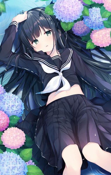 Anime picture 1164x1830 with hinabita shimotsuki rin shiika yuno single long hair tall image looking at viewer fringe black hair green eyes lying blunt bangs long sleeves parted lips pleated skirt midriff on back partially submerged ophelia's pose girl