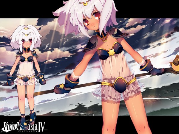 Anime picture 1333x1000 with original pixiv fantasia pixiv fantasia iv rugo short hair red eyes sky cloud (clouds) white hair sunlight girl gloves staff