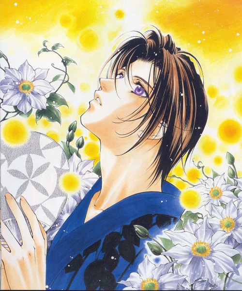 Anime picture 1027x1233 with yami no matsuei j.c. staff asato tsuzuki single tall image short hair brown hair purple eyes traditional clothes japanese clothes looking up yellow background boy flower (flowers) kimono fan fireflies
