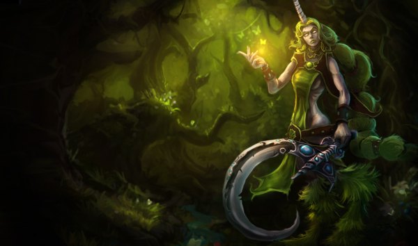 Anime picture 1215x717 with league of legends soraka (league of legends) single long hair wide image green eyes horn (horns) green hair crescent girl dress plant (plants) tree (trees) insect butterfly grass forest