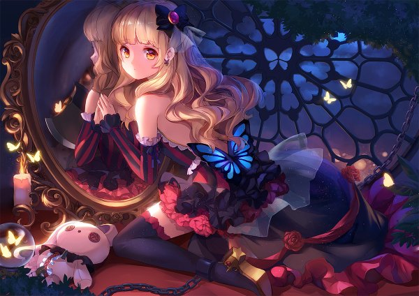 Anime picture 1200x848 with vocaloid mayu (vocaloid) usano mimi stellarism single long hair looking at viewer blonde hair orange eyes reflection different reflection girl thighhighs dress bow black thighhighs hair bow insect butterfly chain