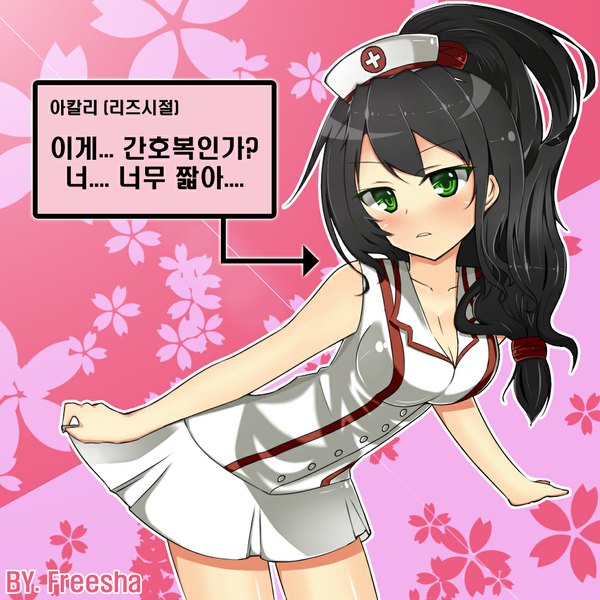 Anime picture 1100x1100 with league of legends akali (league of legends) misuriru (artist) single long hair blush black hair green eyes legs nurse girl miniskirt nurse cap