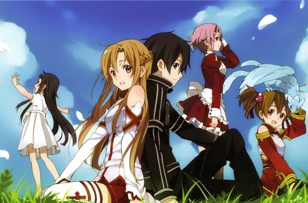 Anime picture 3866x2555 with sword art online a-1 pictures yuuki asuna kirigaya kazuto silica yui (sao) lisbeth pina (sao) horiguchi yukiko long hair highres short hair open mouth black hair red eyes brown hair multiple girls brown eyes pink hair absurdres