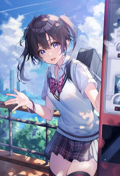 Anime picture 2380x3487 with original timmoo single long hair tall image looking at viewer fringe highres open mouth black hair hair between eyes purple eyes twintails sky cloud (clouds) outdoors :d pleated skirt waving girl