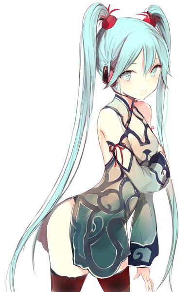Anime picture 560x853 with vocaloid hatsune miku lpip single long hair tall image looking at viewer fringe breasts light erotic hair between eyes white background twintails aqua eyes aqua hair wide sleeves alternate costume arched back girl detached sleeves