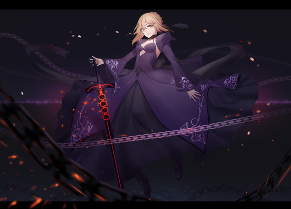 Anime picture 2000x1440 with fate (series) fate/grand order artoria pendragon (all) saber alter lanzi (415460661) single looking at viewer highres short hair blonde hair yellow eyes black background girl dress weapon sword black dress chain