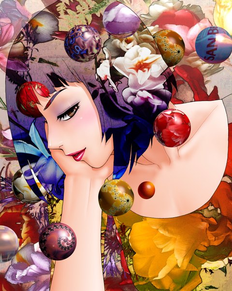 Anime picture 1240x1550 with original toshiki yui single tall image looking at viewer blush short hair open mouth brown eyes multicolored hair hair flower light smile lips eyeshadow makeup chin rest smirk bob cut surreal girl