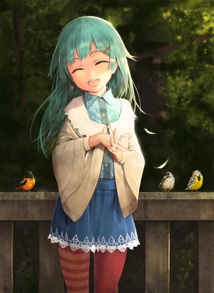 Anime picture 1466x2000 with original yomena single long hair tall image fringe open mouth smile payot blunt bangs eyes closed head tilt fingernails wind aqua hair depth of field floral print happy ^ ^ hands clasped