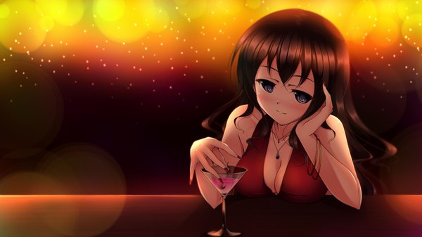 Anime picture 2048x1152 with original jk-ff single long hair looking at viewer blush highres blue eyes brown hair wide image bare shoulders cleavage girl dress food pendant berry (berries) cherry cocktail glass