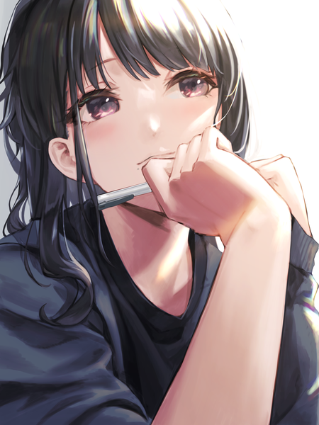 Anime picture 2048x2732 with idolmaster idolmaster shiny colors kazano hiori inumantle single long hair tall image blush highres black hair red eyes white background looking away upper body thinking girl pen