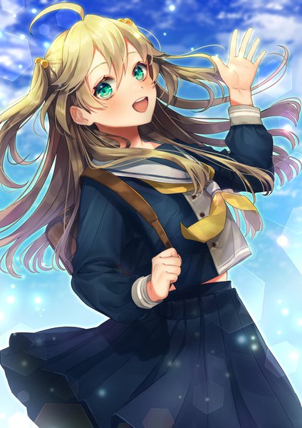 Anime picture 2894x4093 with original shinotarou (nagunaguex) single long hair tall image looking at viewer blush fringe highres open mouth blonde hair smile hair between eyes standing sky cloud (clouds) ahoge outdoors long sleeves :d