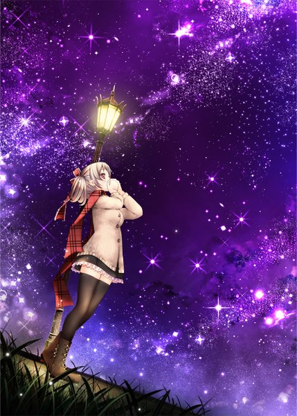 Anime-Bild 916x1280 mit original catbell single tall image short hair brown eyes white hair night from below zettai ryouiki looking up girl thighhighs skirt black thighhighs jacket boots scarf star (stars)