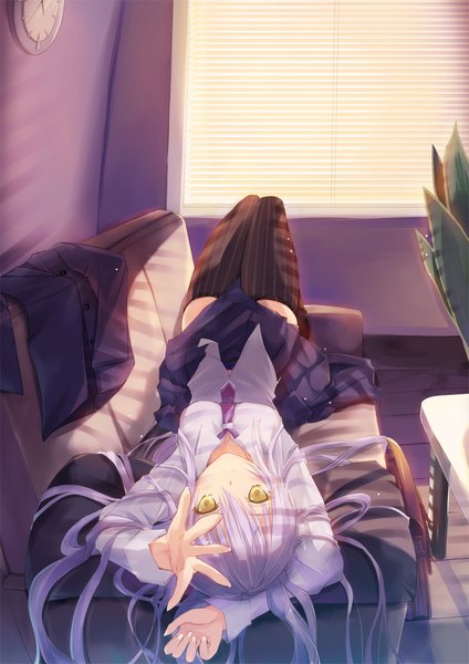 Anime picture 778x1100 with original inoue takuya (tactactak) single long hair tall image looking at viewer yellow eyes silver hair lying girl thighhighs skirt shirt necktie striped thighhighs couch