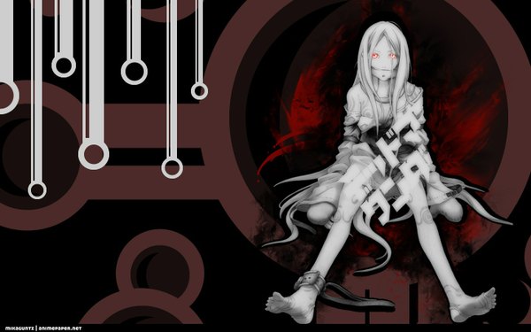 Anime picture 1440x900 with deadman wonderland shiro (deadman wonderland) remen single long hair red eyes wide image sitting white hair no shoes black background vector girl collar cyborg