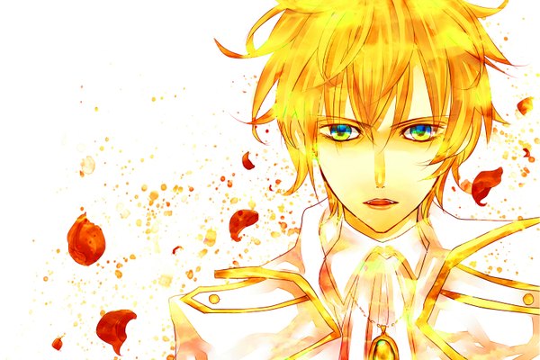 Anime picture 1500x1000 with vocaloid kagamine len amanatsu (pixiv2125400) single looking at viewer short hair blonde hair white background upper body wallpaper multicolored eyes boy petals