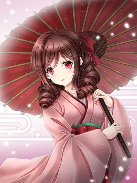 Anime picture 960x1280 with kantai collection harukaze destroyer amou yuu single long hair tall image red eyes brown hair looking away upper body traditional clothes japanese clothes drill hair girl bow hair bow kimono umbrella oriental umbrella