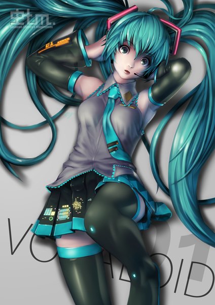 Anime picture 1000x1414 with vocaloid hatsune miku al_kali single tall image fringe breasts simple background twintails lying very long hair lips aqua hair on back girl skirt detached sleeves shirt necktie microphone