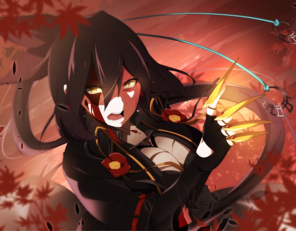 Anime picture 1446x1133 with original taro (pixiv id10843634) single looking at viewer fringe breasts open mouth light erotic black hair hair between eyes large breasts yellow eyes payot cleavage upper body ponytail very long hair floating hair fighting stance blood on face