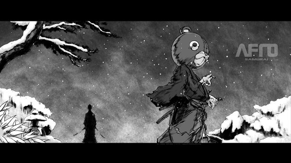 Anime picture 1600x900 with afro samurai wide image japanese clothes watermark monochrome snowing letterboxed winter snow boy plant (plants) sword tree (trees) kimono katana teddy bear cigarette