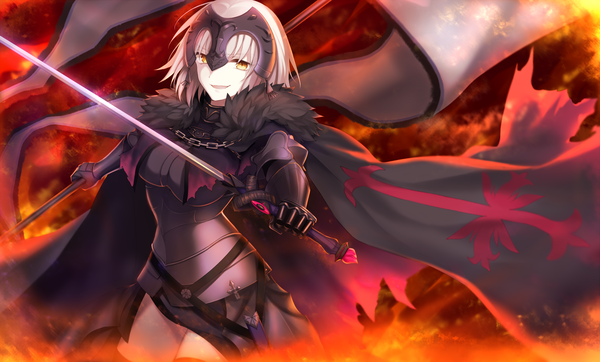 Anime picture 1655x1000 with fate (series) fate/grand order fate/apocrypha jeanne d'arc (fate) (all) jeanne d'arc alter (fate) wowishi single looking at viewer fringe short hair breasts open mouth blonde hair smile wide image large breasts standing holding yellow eyes spread arms