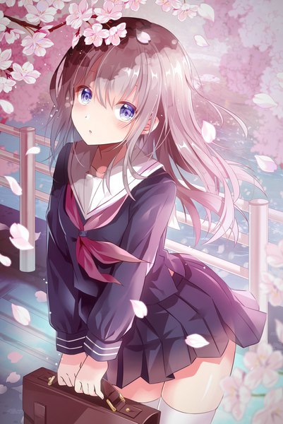 Anime picture 1370x2047 with original shiro kuma shake single long hair tall image looking at viewer blush fringe open mouth hair between eyes standing purple eyes holding payot pink hair outdoors pleated skirt :o leaning zettai ryouiki