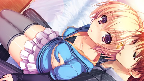 Anime picture 2560x1440 with reminiscence nozomi (reminiscence) tomose shunsaku highres short hair light erotic blonde hair wide image brown eyes game cg red hair couple girl thighhighs boy skirt miniskirt