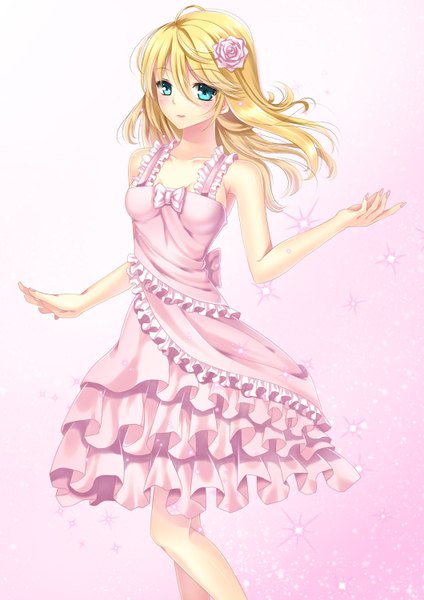 Anime picture 1060x1500 with original toshi (1-147) single long hair tall image looking at viewer blush blue eyes blonde hair nail polish hair flower pink background girl dress hair ornament pink dress