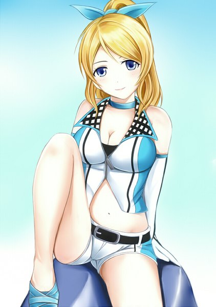 Anime picture 703x1000 with love live! school idol project sunrise (studio) love live! ayase eli nannacy7 single long hair tall image blue eyes light erotic blonde hair sitting bare shoulders ponytail girl bow hair bow shorts white shorts